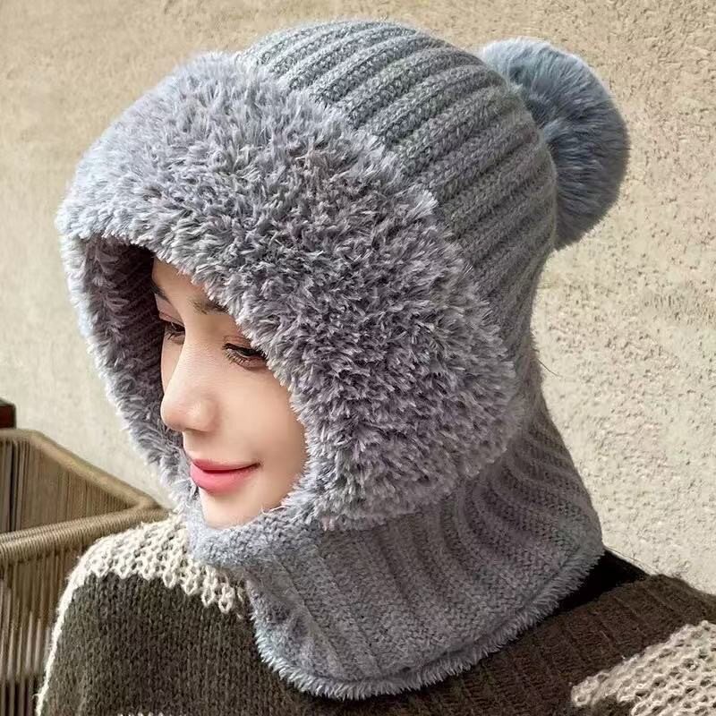 冬季保暖一体帽子冬女加绒加厚骑车护耳毛线帽防寒遮脸针织连体帽