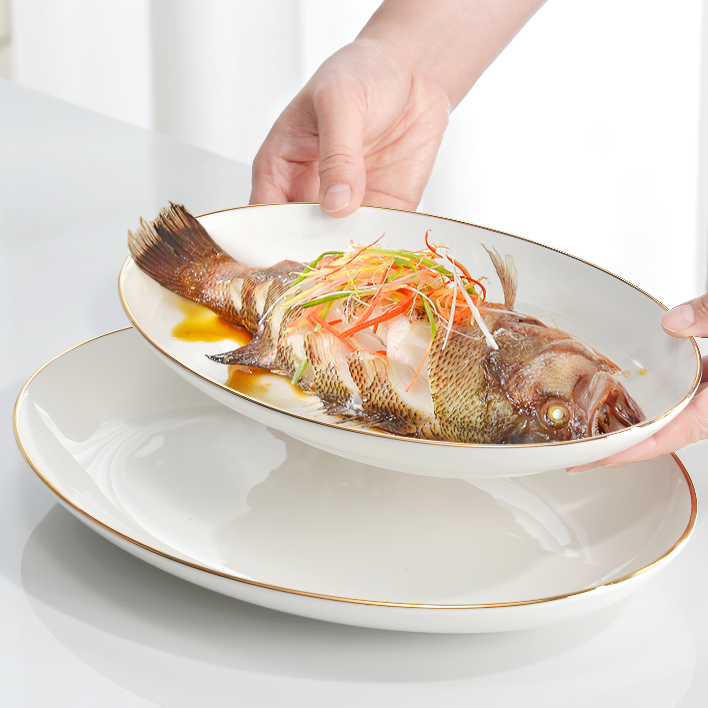骨瓷鱼盘家用金边椭圆形