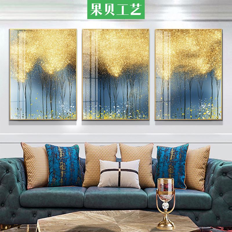 轻奢金色画客厅装饰画沙发背景墙挂画抽象金箔树林设计个性艺术画图片
