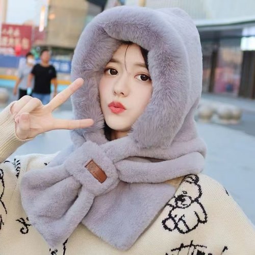 围巾帽子女冬天保暖围巾一体连体套头帽骑车防寒护耳可爱毛绒围脖