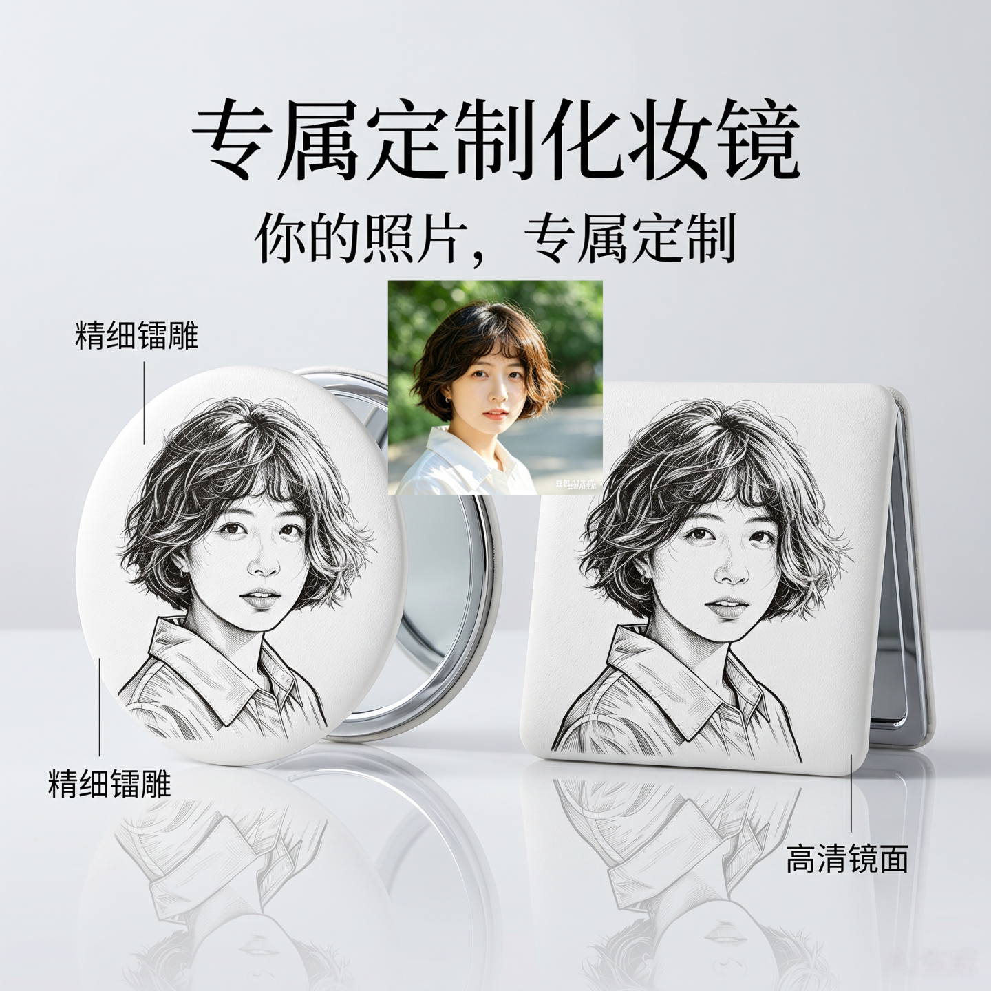 个性定制手持化妆镜文化创意女生照片文案激光精细雕刻独特礼物