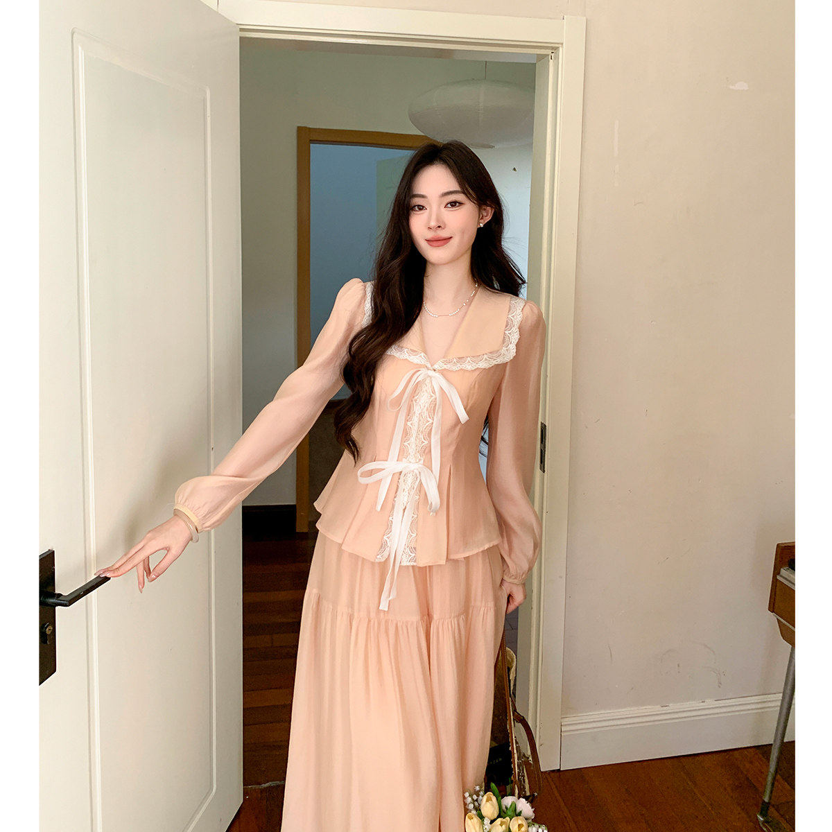 2026新款春季法式粉色天丝长袖衬衫半裙设计感小众套装