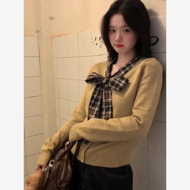 新品上新/假两件格子蝴蝶结针织开衫女毛衣秋韩系内搭打底ins上衣
