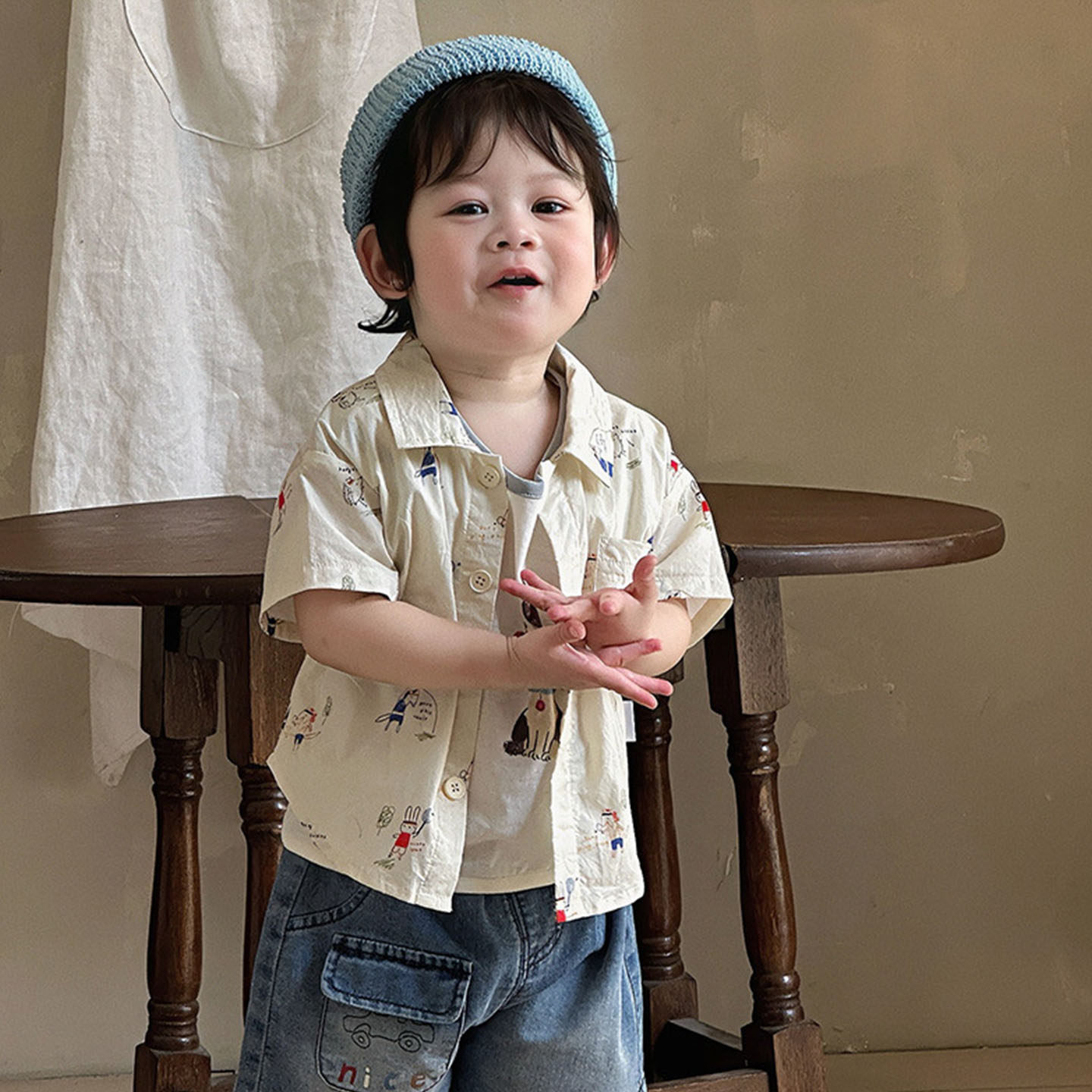 男童夏季短袖衬衫上衣宝宝开衫衬衣无袖T恤婴儿牛仔短裤薄款a类