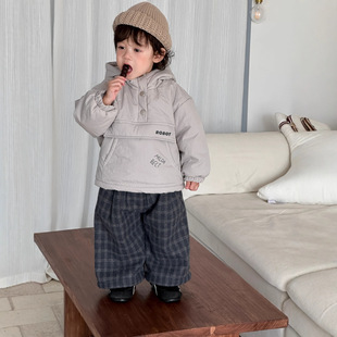 男宝宝年服连帽厚棉袄婴儿新年外出棉服上衣男童棉衣外套格子套装