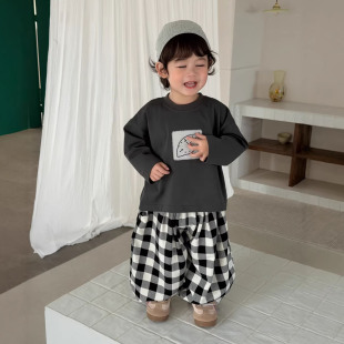 男童春装新款长袖上衣宝宝纯棉T恤宽松打底衫婴儿卫衣格子裤套装