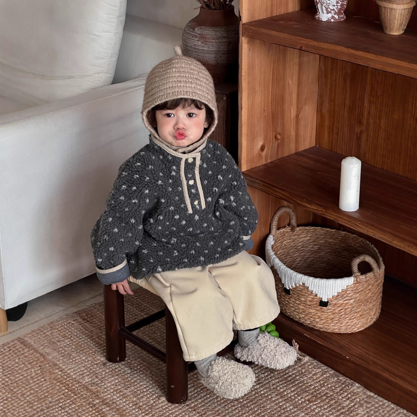 婴幼儿一岁小宝宝毛茸套头棉衣童装男童加绒毛衣外套休闲裤套装