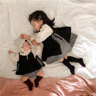 ins2023春秋韩国婴儿格子吊带连衣裙套装 宝宝连体哈衣爬服姐妹装
