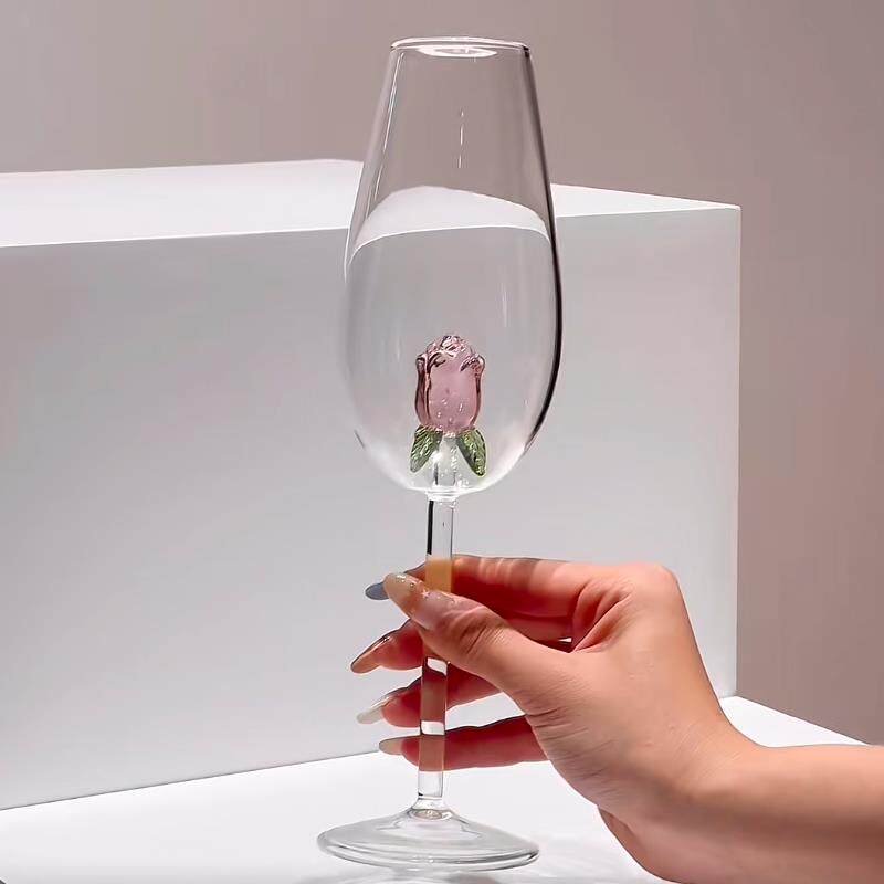 轻奢高级感立体玫瑰花红酒杯家用葡萄酒高脚杯香槟杯气泡杯礼盒