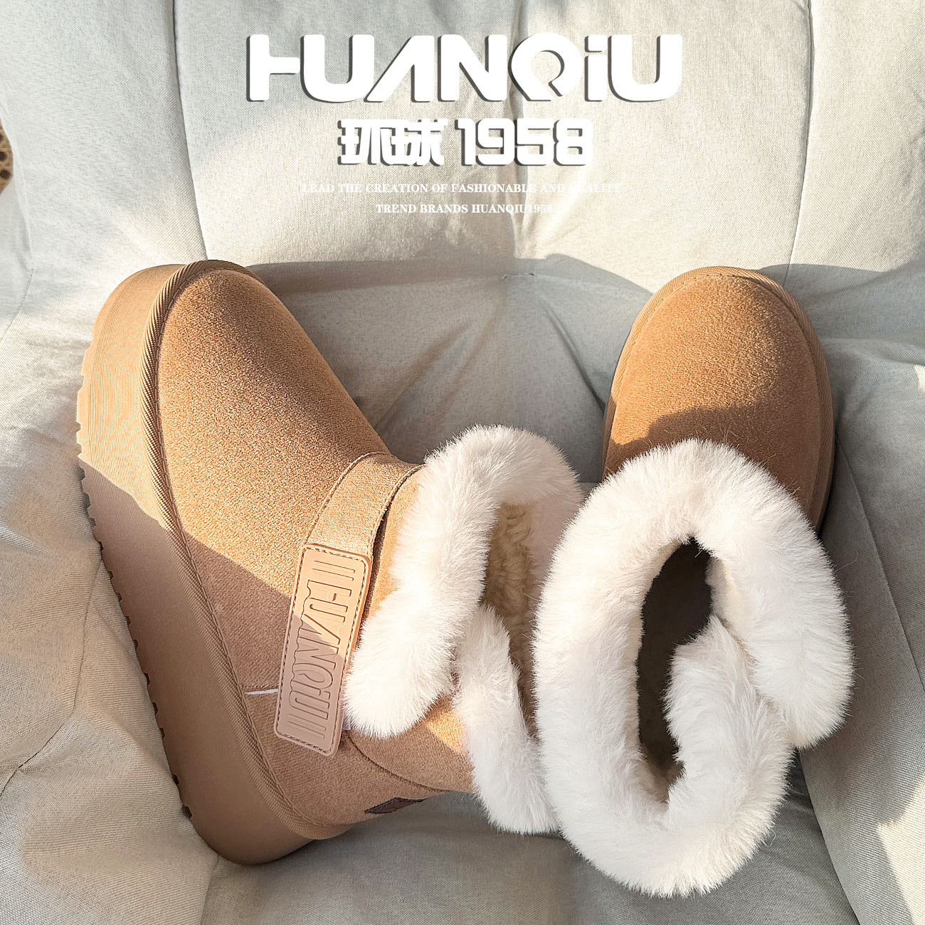 环球冬季魔术贴百搭厚底毛毛棉鞋