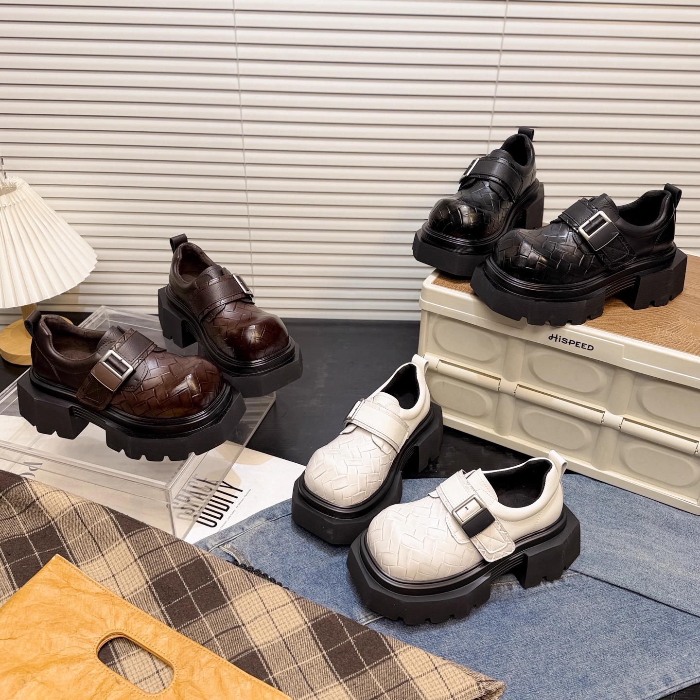 日本OFFCAT真皮编织厚底小皮鞋女2026款乐福鞋中跟魔术贴松糕单鞋