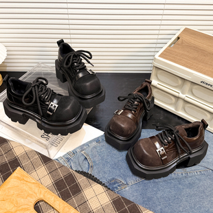 日本OFFCAT真皮厚底大头德比小皮鞋女2025冬季加绒皮带扣乐福鞋潮