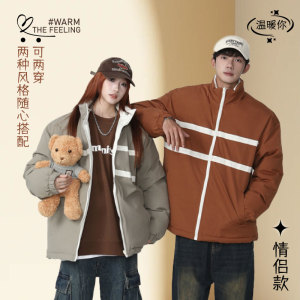 两面穿秋冬棉服外套男冬加厚潮牌oversize条纹情侣面包服棉衣袄子