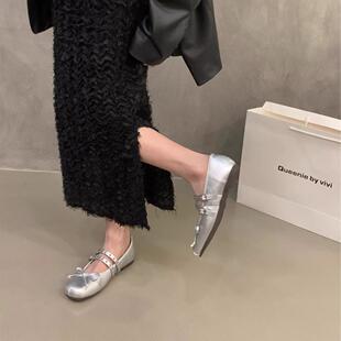 自然卷方头芭蕾舞鞋女秋季新款甜酷蝴蝶结搭扣玛丽珍单鞋小皮鞋