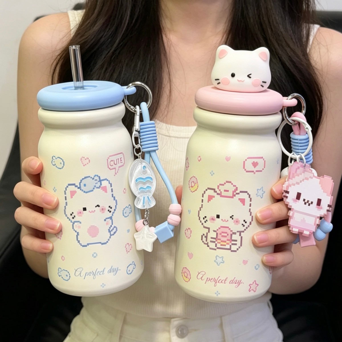 拼豆风小猫陶瓷保温杯女生高颜值