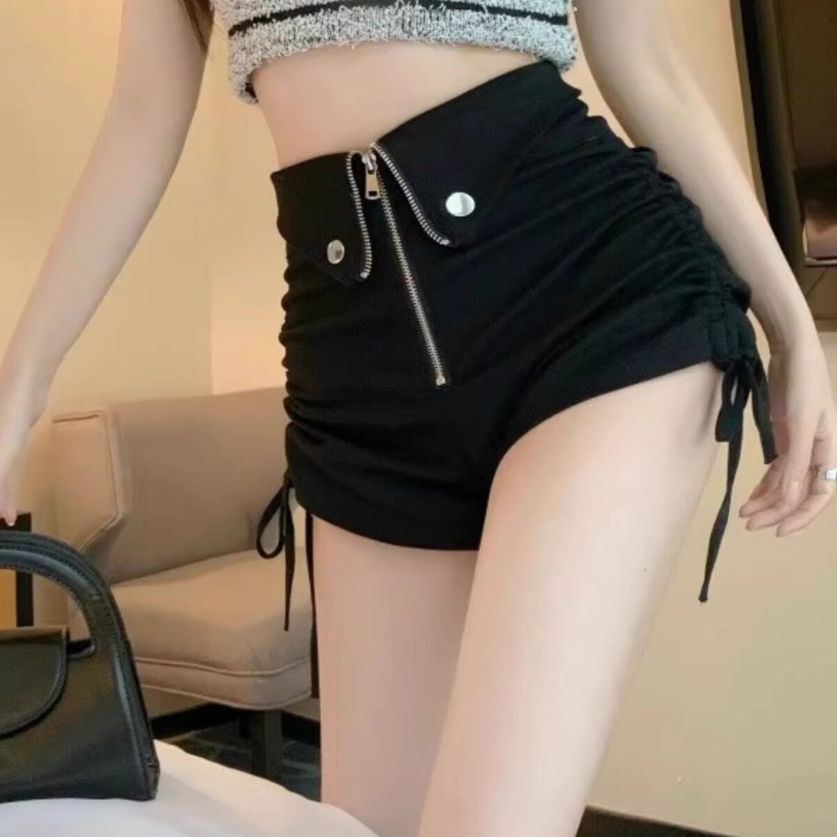 超高腰抽绳系带白色短裤女2026