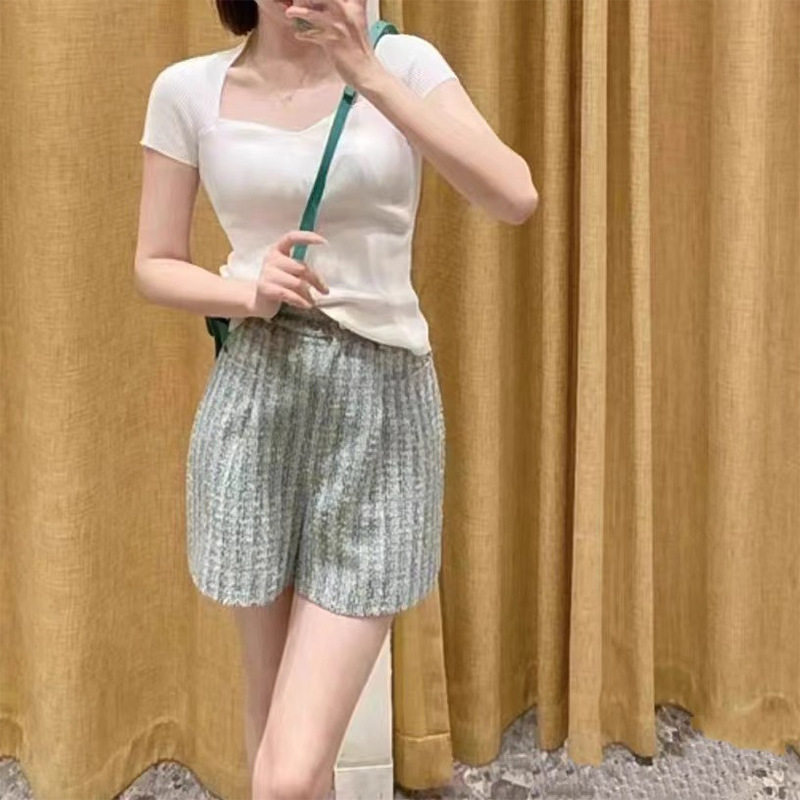 M家2024夏新款黑白色基础款方领套头修身显瘦针织上衣T恤女240029