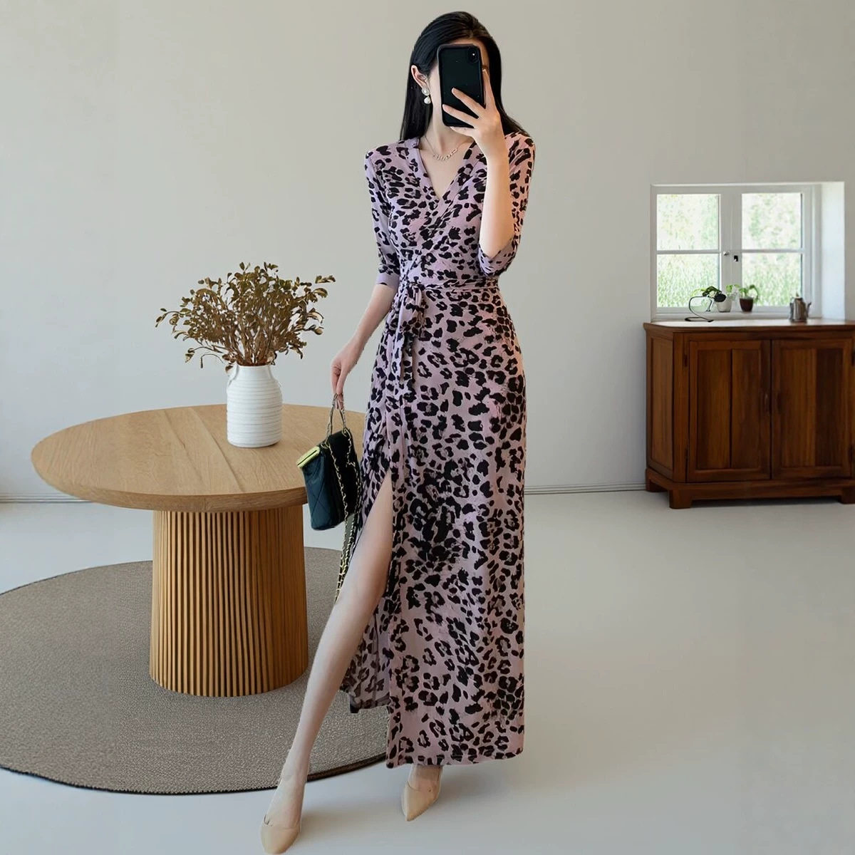 maSande波西米亚沙滩裙夏季一片式系带裹胸印花连衣裙V领纯欲七分