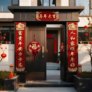 马年对联2026新款农村大门装饰门贴春节新年春联过年福字植绒高端