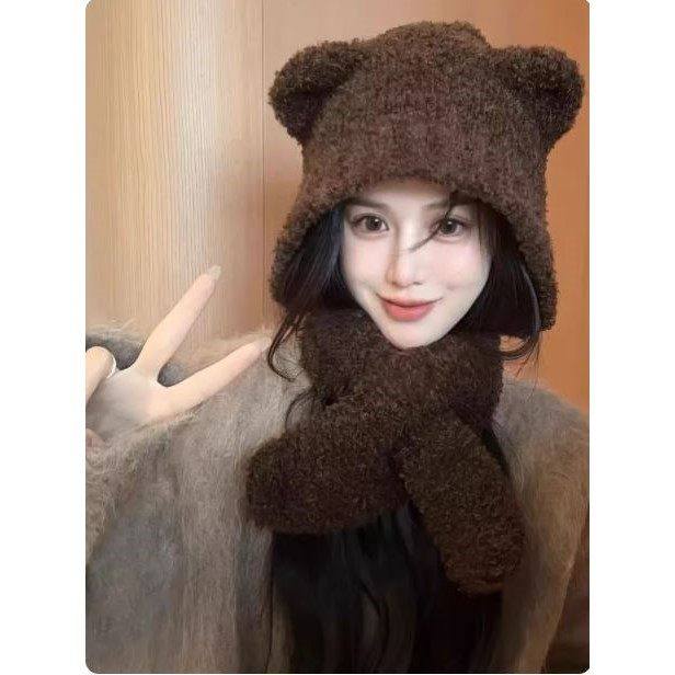 秋冬咖啡色小熊耳朵毛绒帽可爱交叉围巾一体针织帽防风护颈围脖帽,服饰配件/皮带/帽子/围巾,二件套,淘宝优惠券,粉丝福利购,淘宝优惠卷