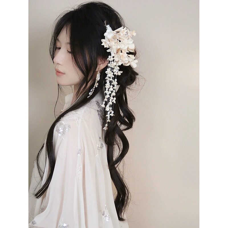 古风紫色铃兰花朵流苏侧边发夹女新中式发饰旗袍汉服和服头饰配饰