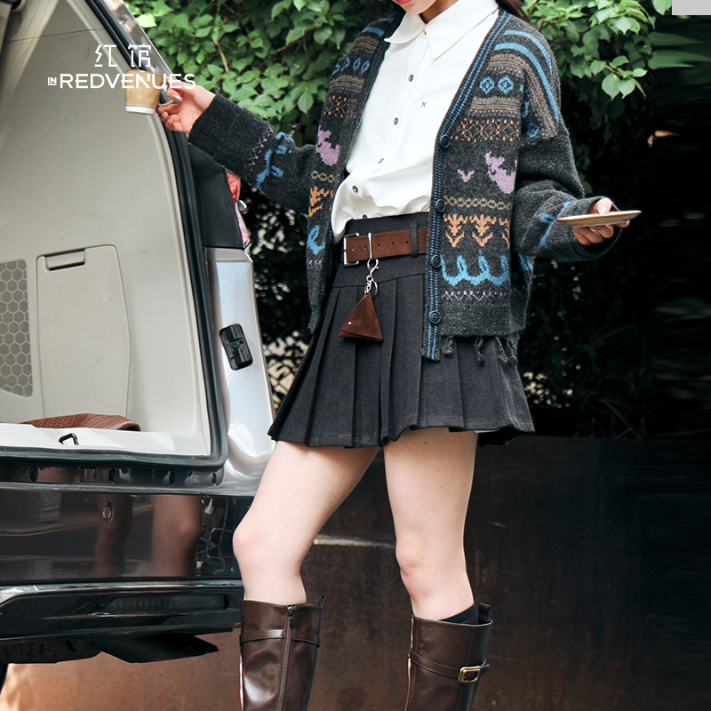 红馆2025冬季新款百褶裙超好看灰色短裙毛呢半身裙miu系A字裙高腰