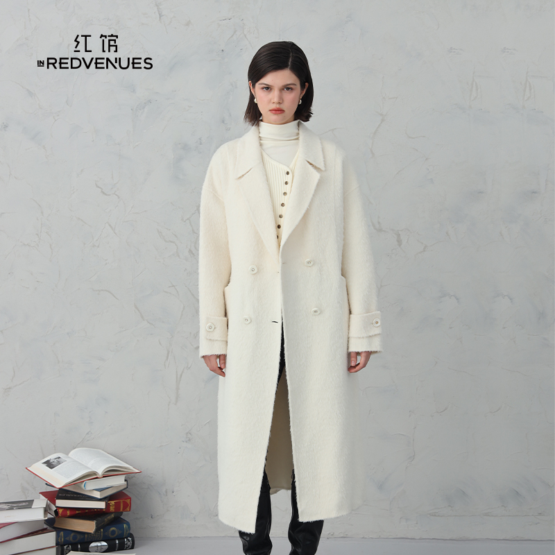 红馆极简静奢风大衣含羊驼绒苏力大衣白色高级双面呢长款西装大衣