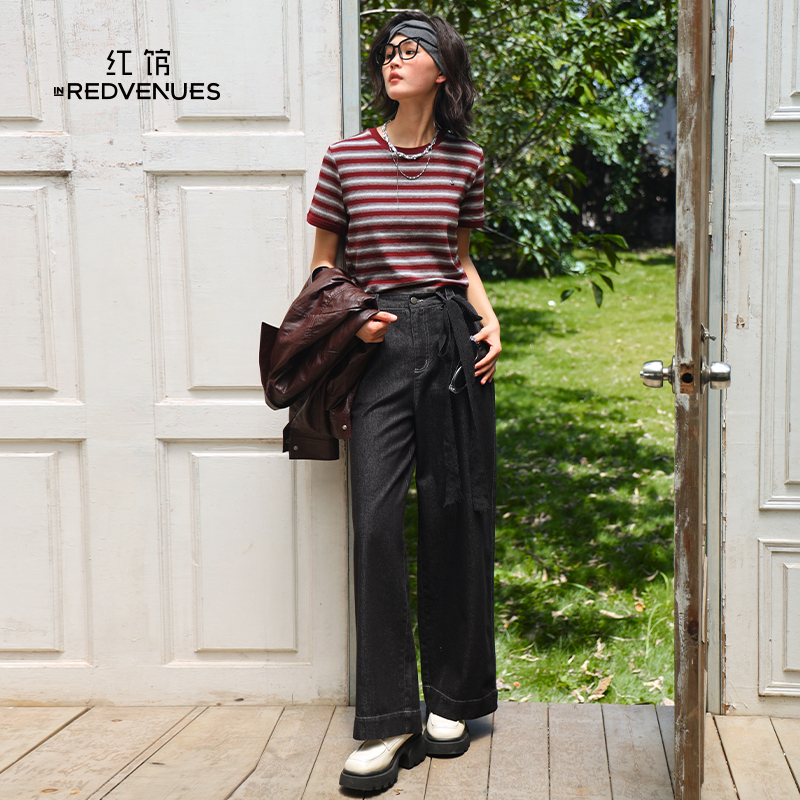 红馆|设计师款黑色牛仔裤女25早秋新款阔腿牛仔裤高腰直筒裤美式