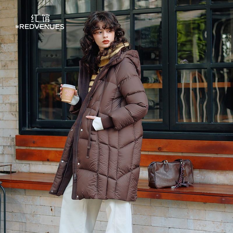 红馆|设计师款90白鸭绒羽绒服女25冬新款长款连帽羽绒外套女加厚