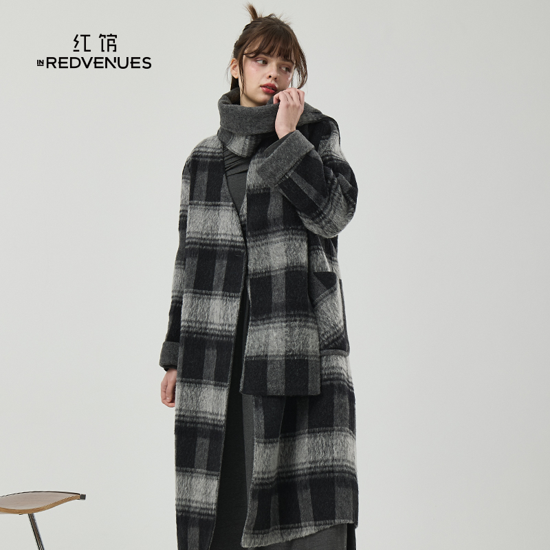 红馆冬季黑色格子大衣女长款棉羊毛双面呢大衣极简静奢风外套