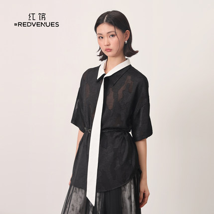 红馆|设计师款女士衬衫夏季短袖衬衣黑色法式小资上衣小众赫本风