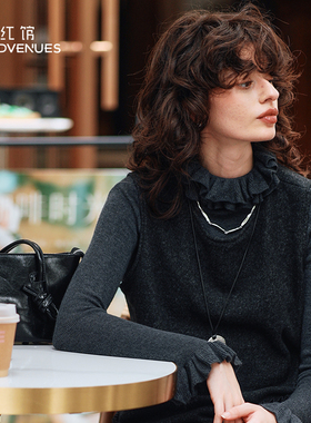 红馆2025冬季新款毛衣女花瓣领高领灰色毛衣可外穿内搭上衣设计感