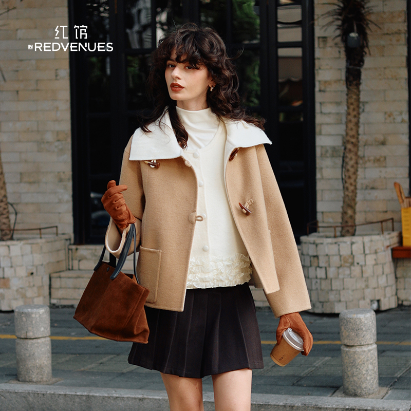 红馆|设计师款绵羊毛大衣女25冬款毛呢外套女短款温柔双面呢大衣