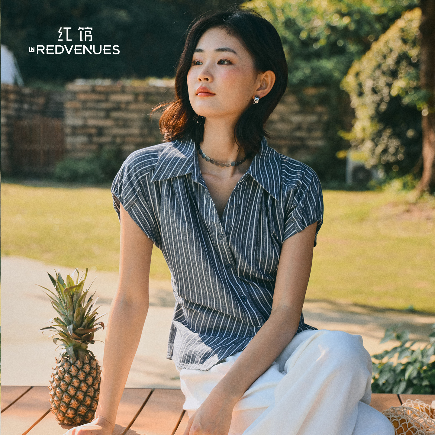 红馆25夏季新款短袖衬衫女蓝色条纹衬衣小飞袖气质上衣老钱风穿搭