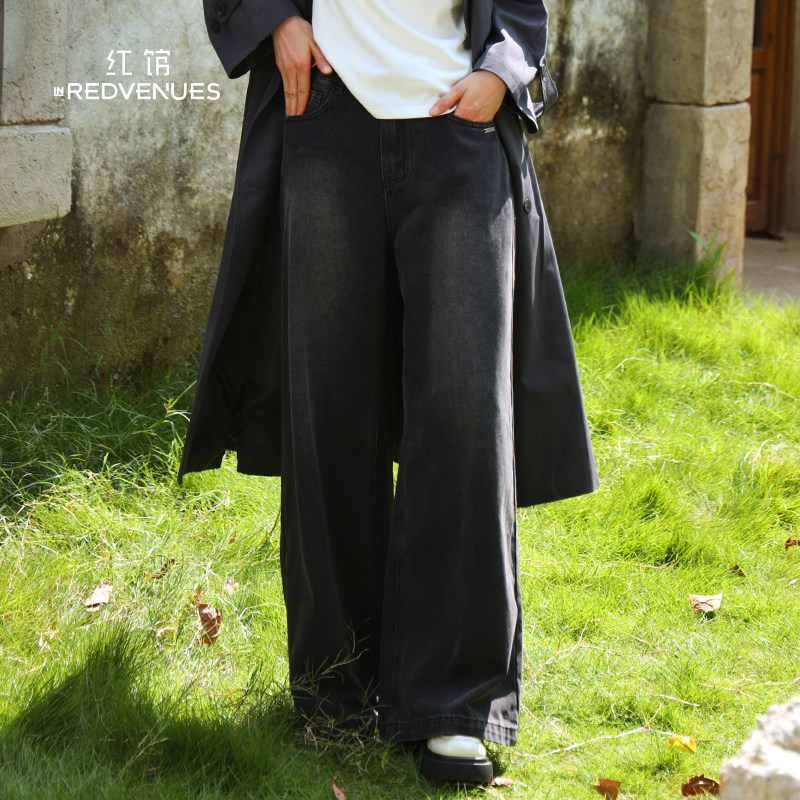 红馆2025秋季黑色阔腿裤女美式复古牛仔裤水洗高腰直筒裤百搭显瘦,女装/女士精品,牛仔裤,淘宝优惠券,粉丝福利购,淘宝优惠卷