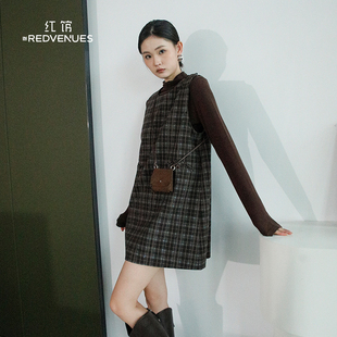 红馆25冬季新款连衣裙两件套咖啡棕色小洋装富家千金风连衣裙短裙