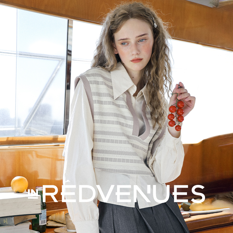 红馆25秋季衬衫+马甲两件套减龄小个子上衣条纹衬衫女高质感穿搭