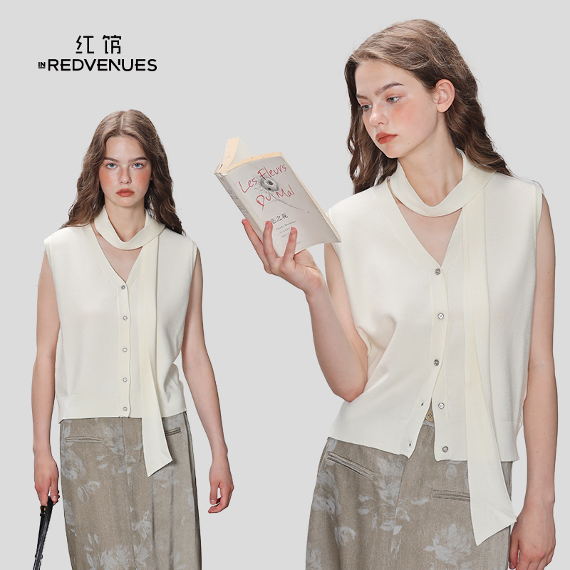 红馆【明星同款】白色针织衫女气质高级感开衫无袖毛衣打底内搭