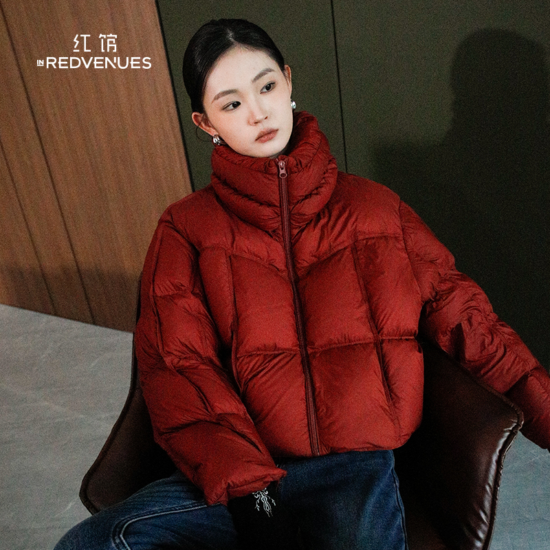 红馆|设计师款90白鸭绒羽绒服女25冬季新款红色羽绒外套女短款