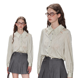 红馆2025初秋新款缎面气质衬衫女雪纺女士衬衣灰绿色法式轻熟上衣