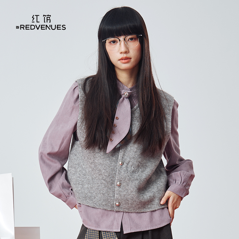 红馆|设计师款紫色衬衫女2025秋季衬衫内搭叠穿衬衣减龄洋气上衣