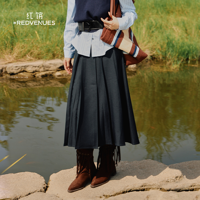 红馆25秋季新款优雅A摆伞裙西装半身裙高知穿搭中长百褶裙通勤风