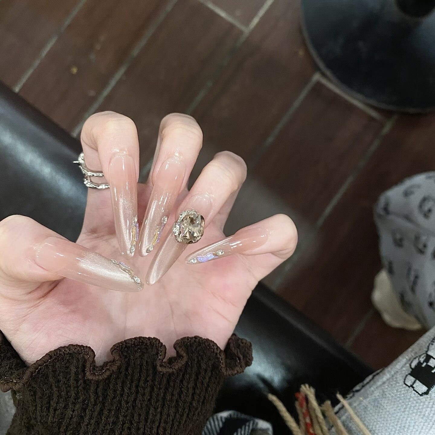 【晚星赴野】纯手工穿戴甲裸色长尖指甲贴片水钻装饰美甲贴片