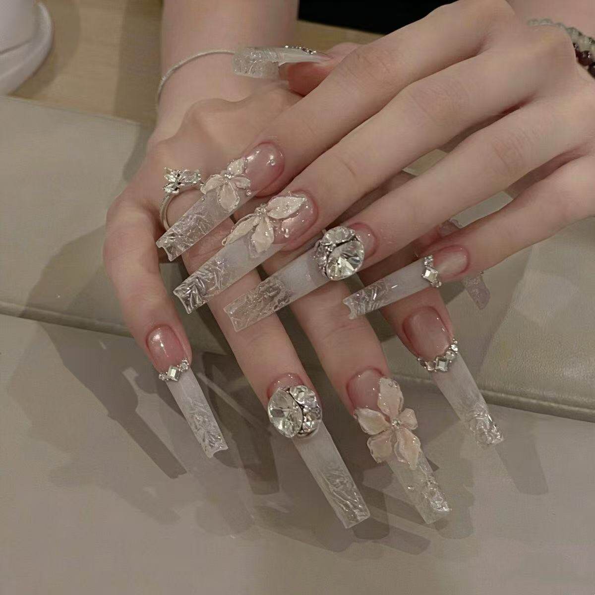 【平替】透明蕾丝水钻纯手工穿戴甲长款花朵装饰假指甲贴片女