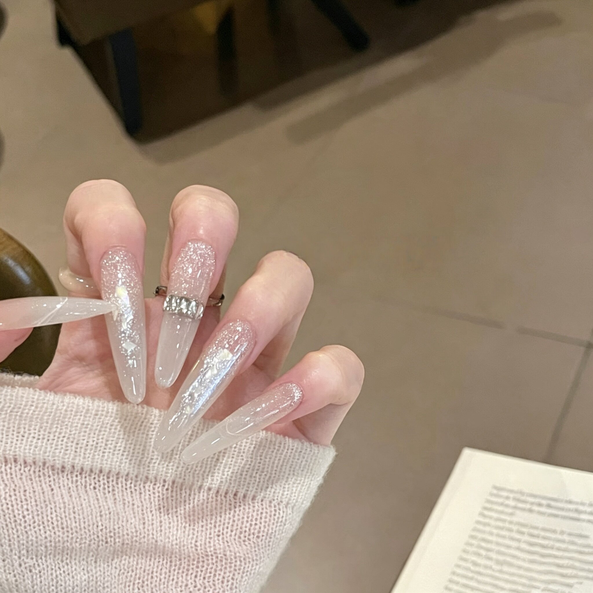 【奶白琉璃钻】纯手工穿戴甲闪粉亮晶晶美甲显白高级感指甲贴片
