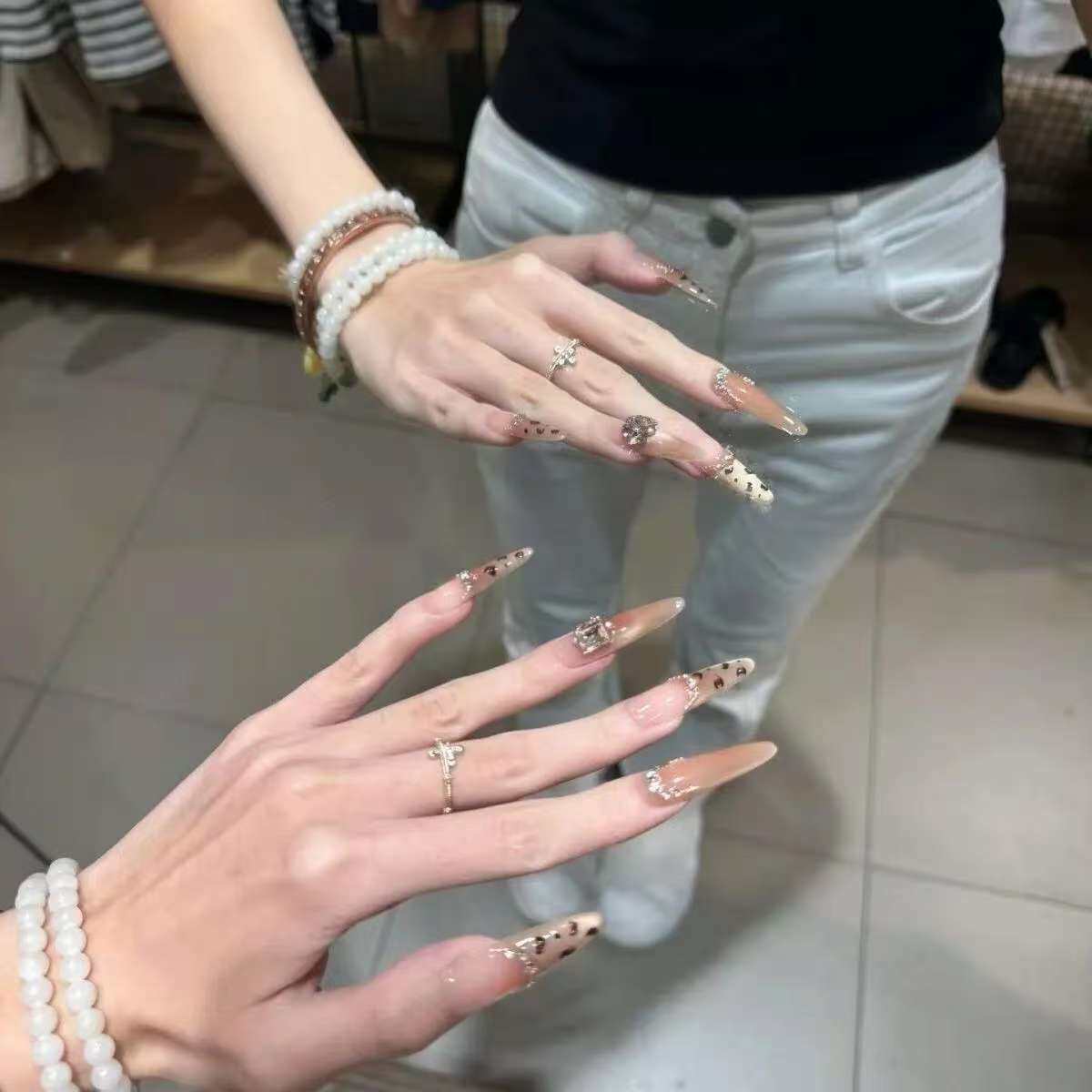 【贴钻豹纹】纯手工穿戴甲高级感气质显白长款美甲甲片辣妹风指甲