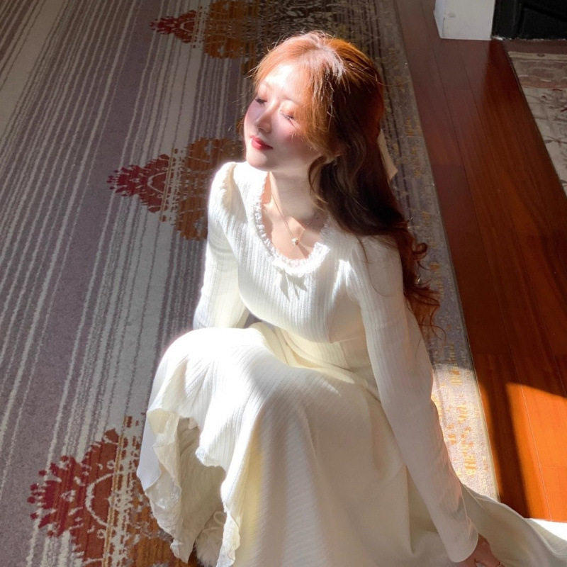 超仙法式长袖连衣裙女早秋简约小众内搭白色长裙新款2025跨境批发
