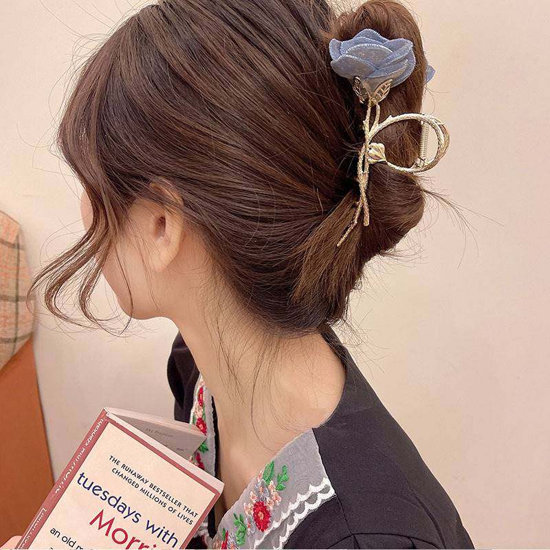蓝色纱纱森系设计鲨鱼夹大号高级感超仙抓夹女气质优雅发夹后脑勺