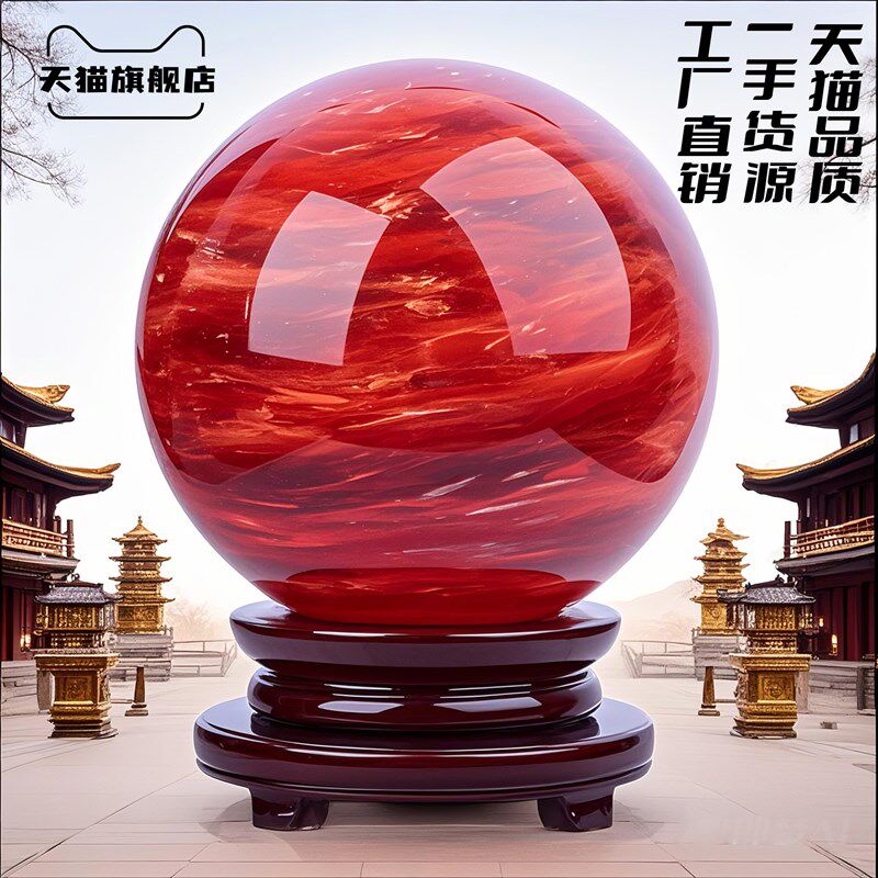 天然红色水晶球真原石大红吉祥珠圆形鸿运球装饰摆件办公室火属性