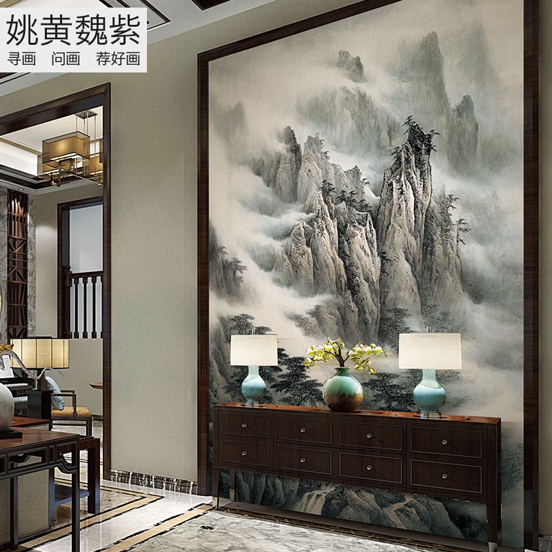 别墅中空背景墙布酒店大堂古画山水大型壁画玄关过道走廊壁布订做